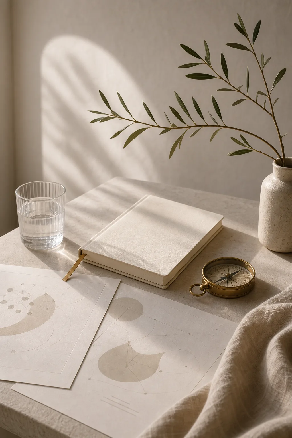 A quiet editorial desk scene with a notebook, brass compass, water glass, and soft daylight.