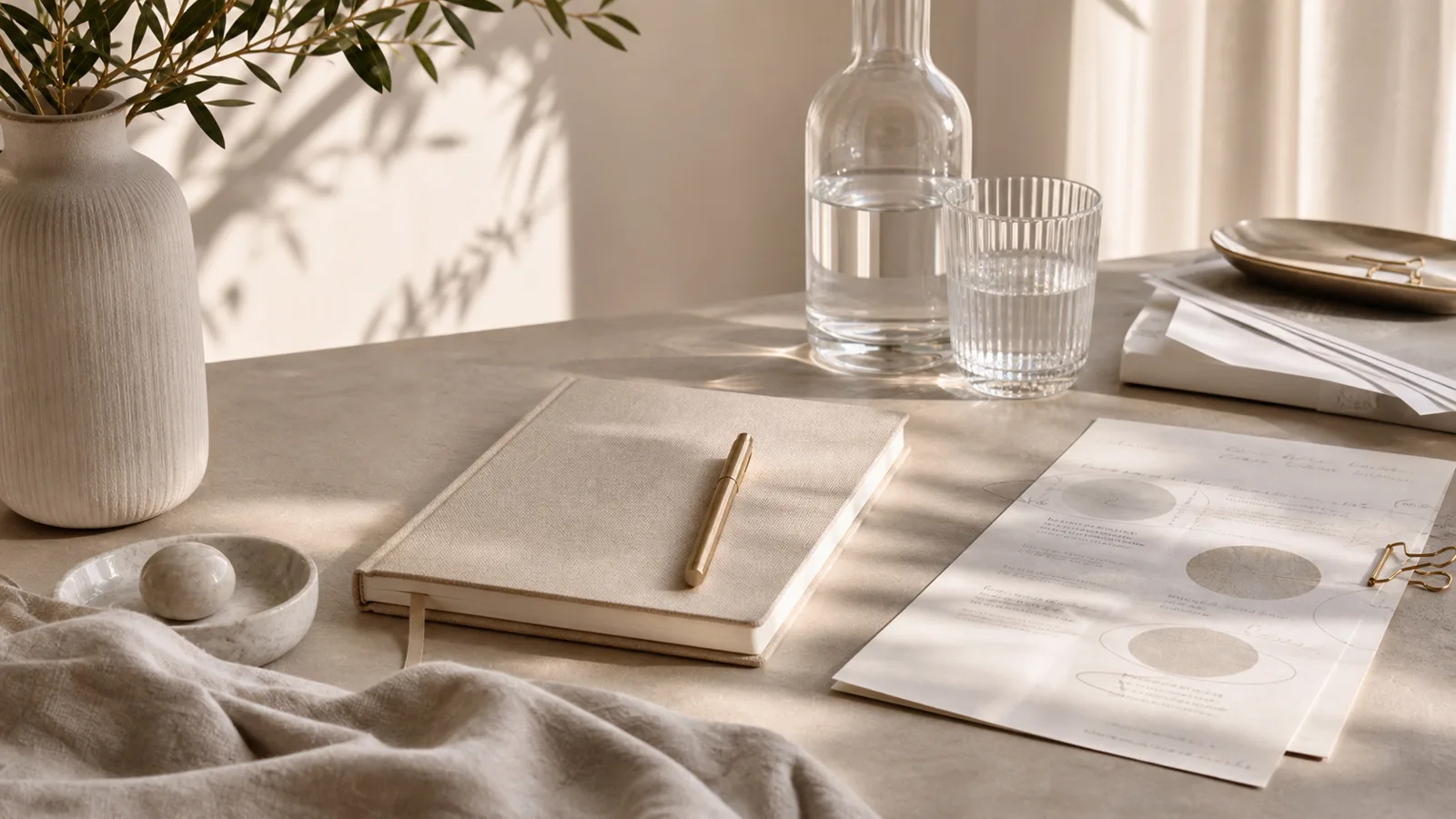 A calm research desk with paper notes, a notebook, glass water, and warm morning light.
