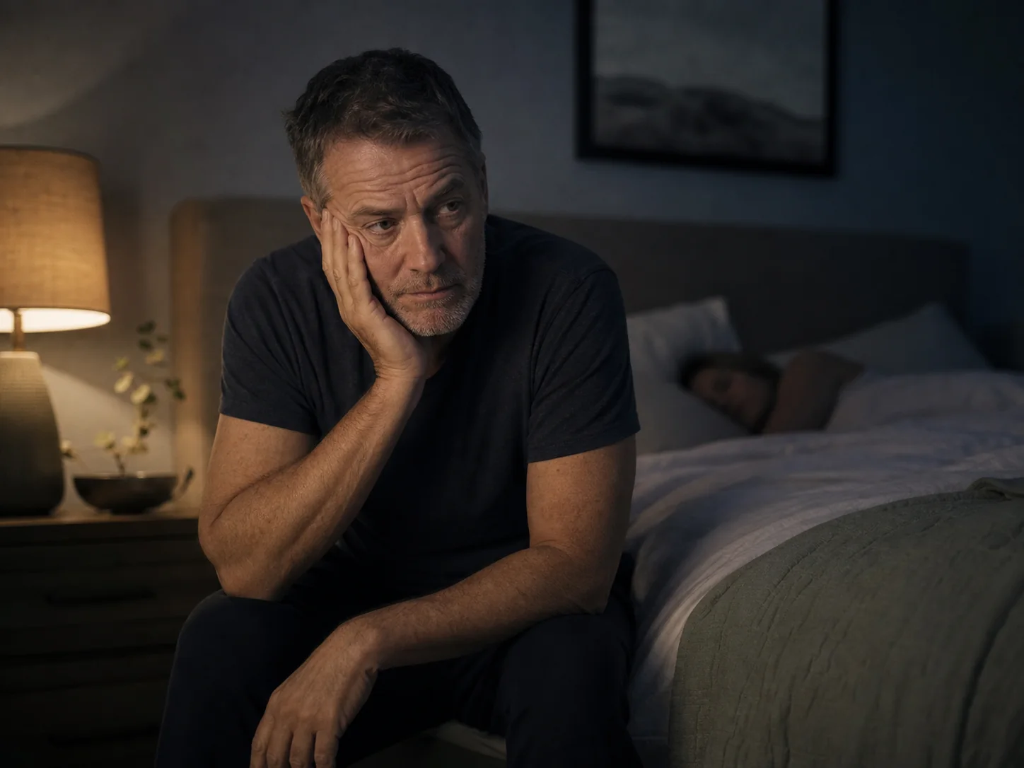 A tired man awake on the edge of his bed during another broken night.