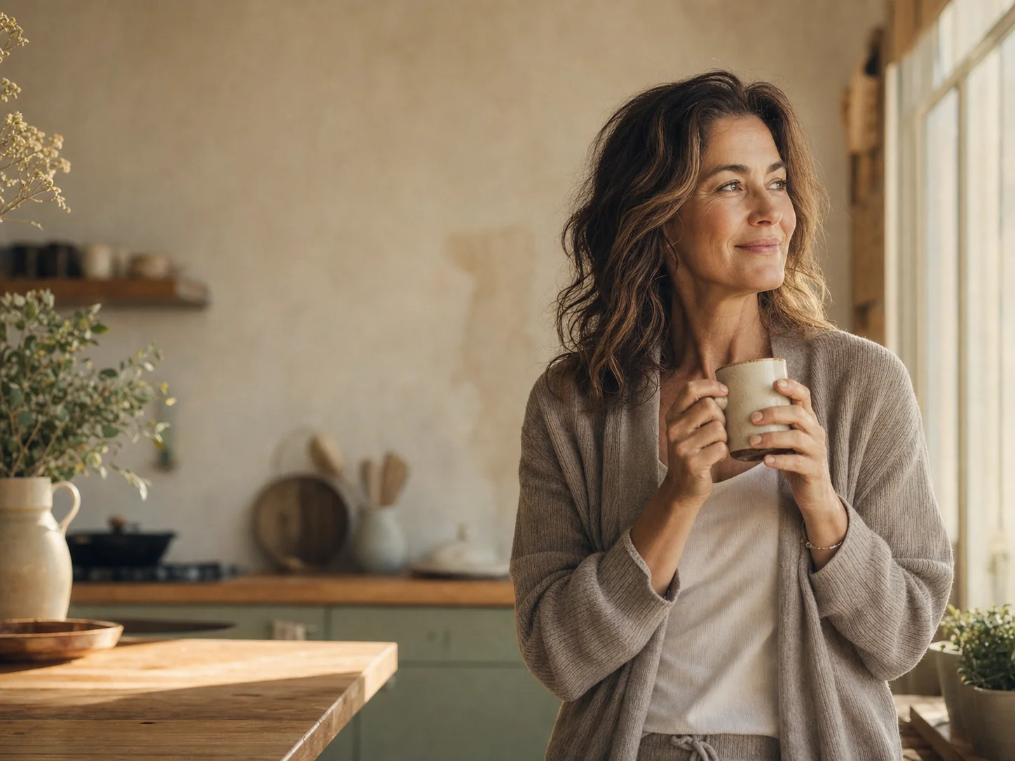 A woman in her fifties enjoying a calm, hopeful morning at home.