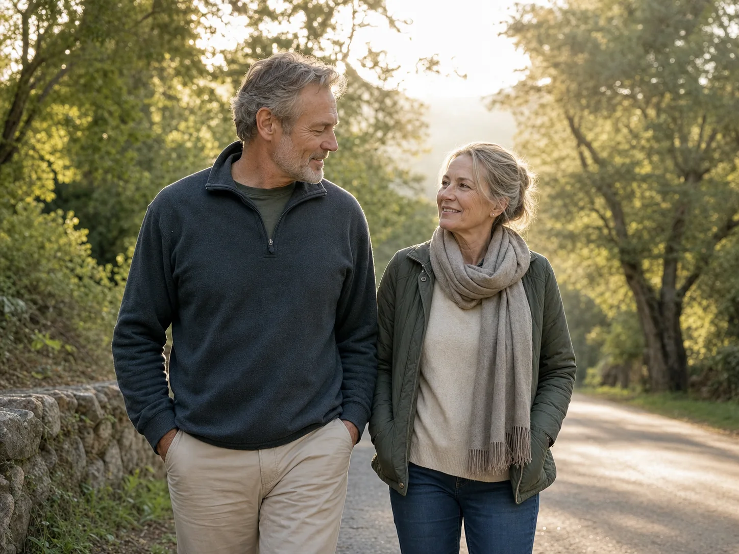 A couple in their fifties enjoying an easy, connected morning walk.