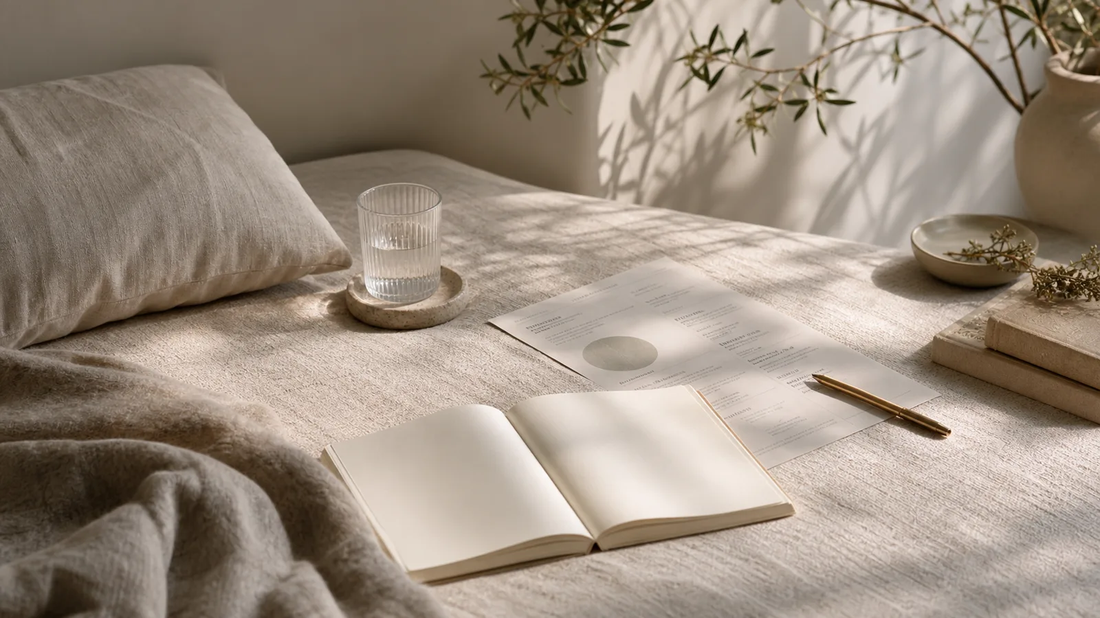 Soft sunlit member reading scene with a printed briefing, notebook, glass water, and calm linen textures.