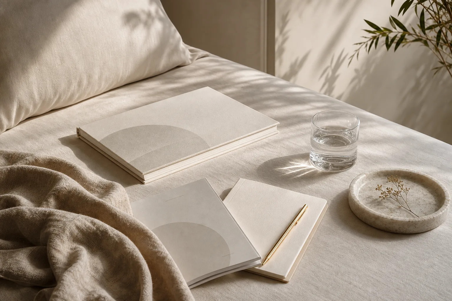 A quiet bedside reading scene with soft linen, a notebook, and water in morning light.