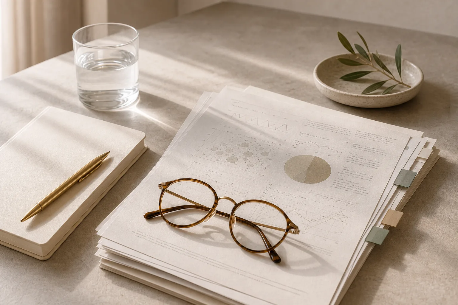 Research papers and reading glasses on a calm desk.
