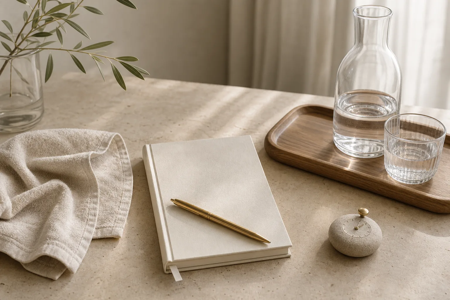 Calm recovery still life with towel, notebook, water, and soft daylight.