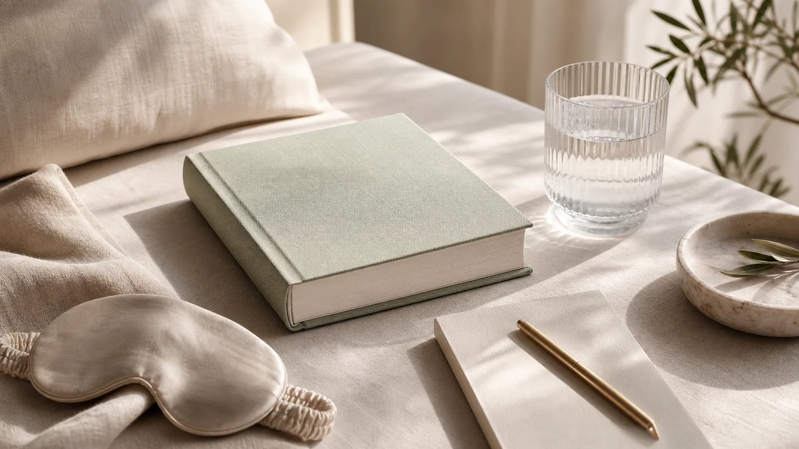 A calm dawn bedside scene with a pale sage guidebook, water glass, and soft linen textures.
